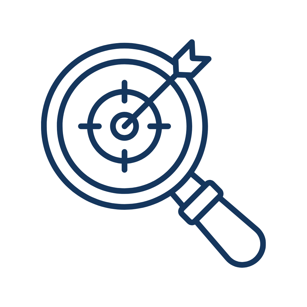 An icon of a magnifying glass with a target and arrow, symbolizing focus on goals or precision.