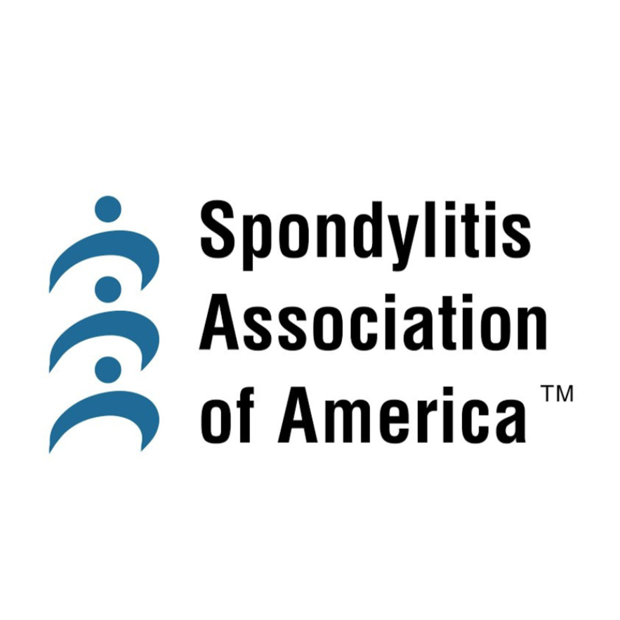 Logo of the Spondylitis Association of America featuring three stylized blue human figures and the organization's name in black text.
