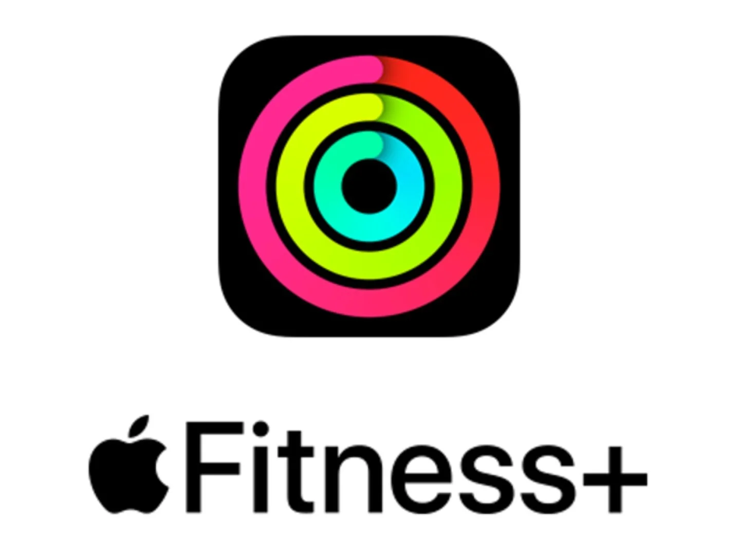 Apple Fitness+ app icon with colorful concentric circles and black background, and the words "Apple Fitness+" below.