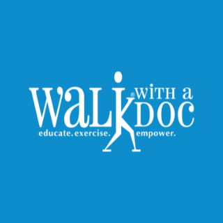 Logo for Walk with a Doc campaign featuring white text on a blue background that says "Walk with a Doc" with a stylized figure walking, and additional text "educate. exercise. empower.".