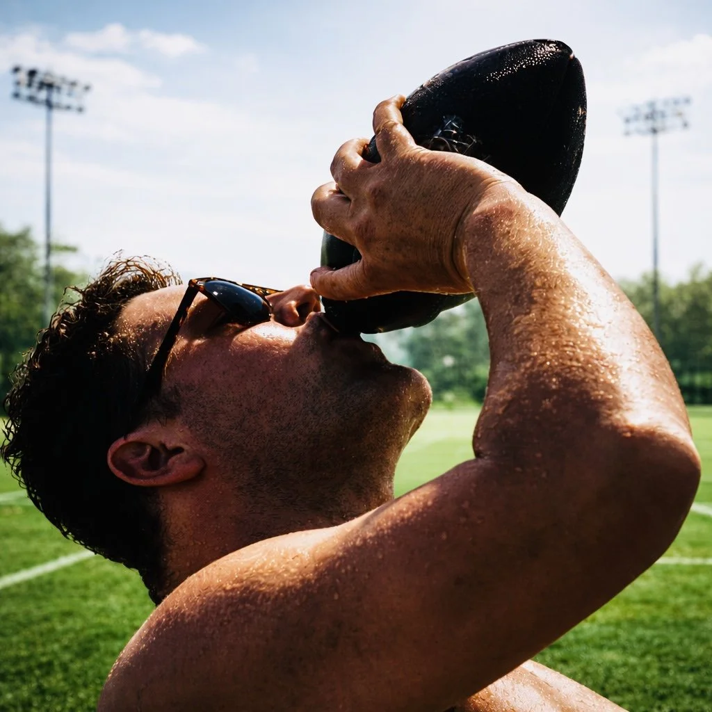 A man in sunglasses drinking from a black water bottle outdoors on a sunny day.