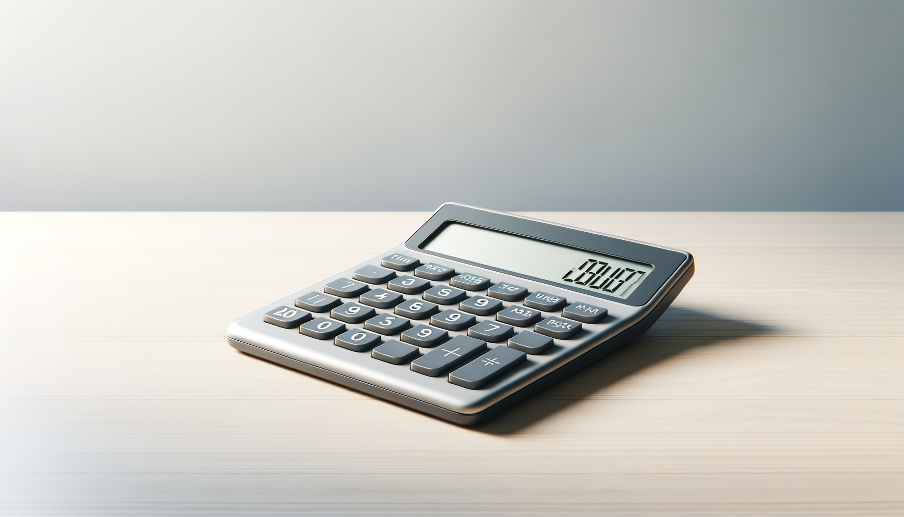 Silver calculator on a light wood surface with a gray wall background.