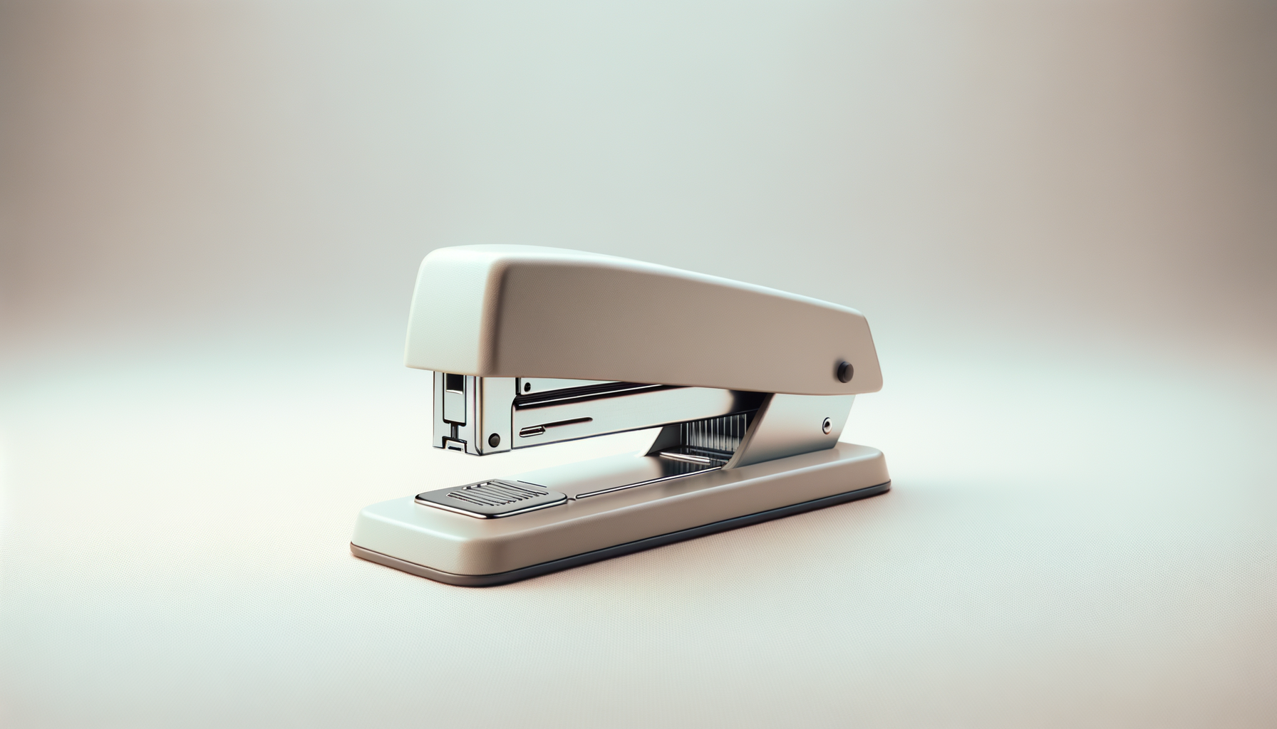 A desktop stapler on a white surface with a neutral background.
