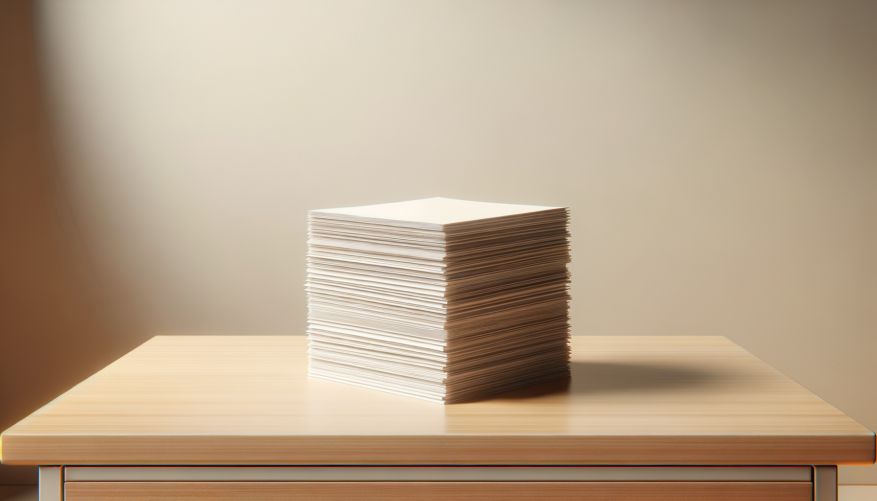 A tall stack of white papers on a wooden table with a plain light-colored wall in the background.