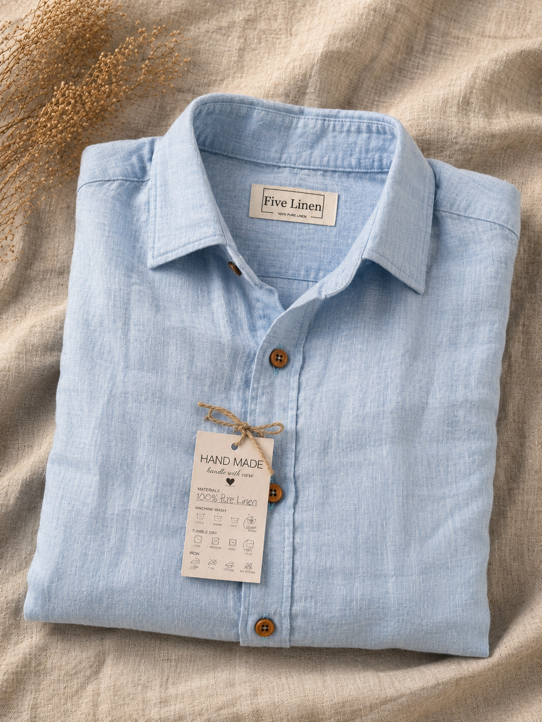 100% Pure Linen Long Sleeve Shirt - Blue - FiveLinen  (6.png