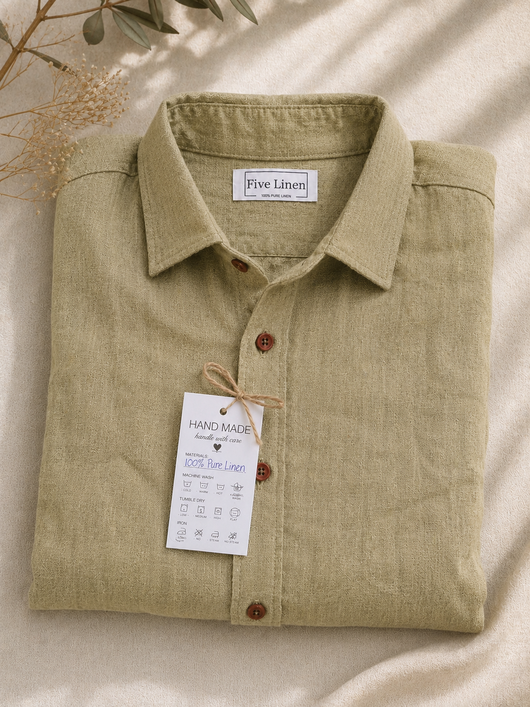 100% Pure Linen Long Sleeve Shirt - Green - FiveLinen.png