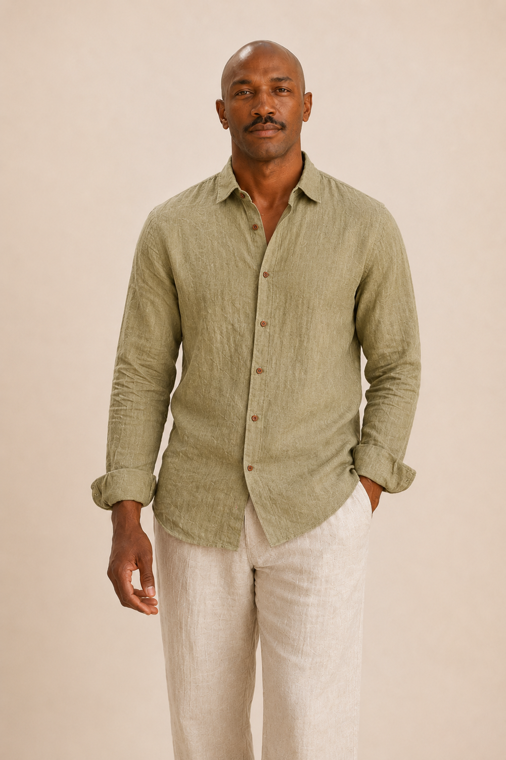 100% Pure Linen Long Sleeve Shirt - Green - Five Linen  (2).png