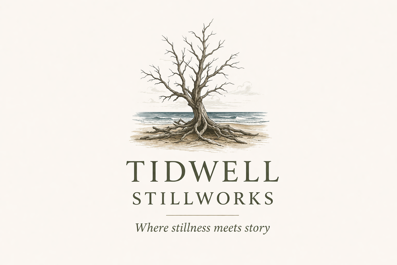 Tidwell Stillworks logo featuring a solitary driftwood tree beside the ocean with the tagline "Where stillness meets story."
