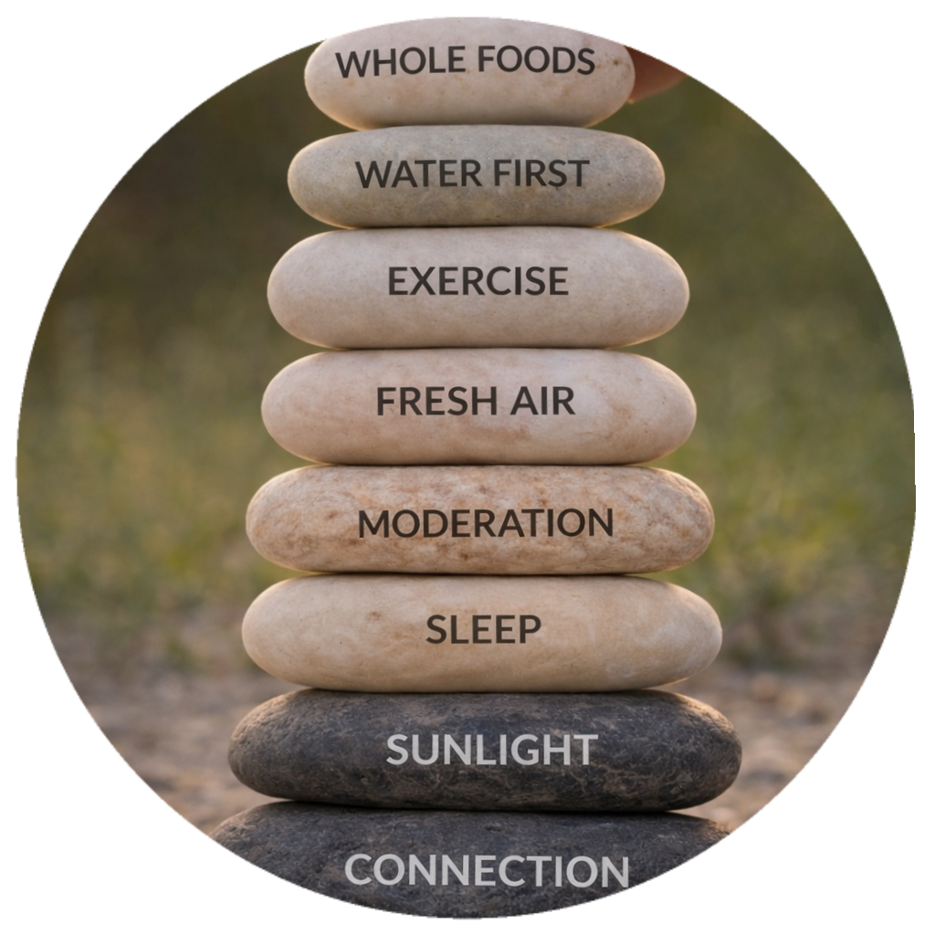 Stack of stones with motivational health and wellness words written on each: Whole Foods, Water First, Exercise, Fresh Air, Moderation, Sleep, Sunlight, Connection.