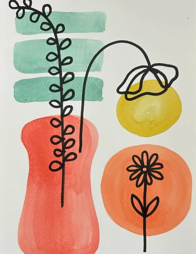 An abstract watercolor painting of a vase with a leafy branch, a flower, and two circular shapes in the background, with black line drawings overlaying the colorful shapes.