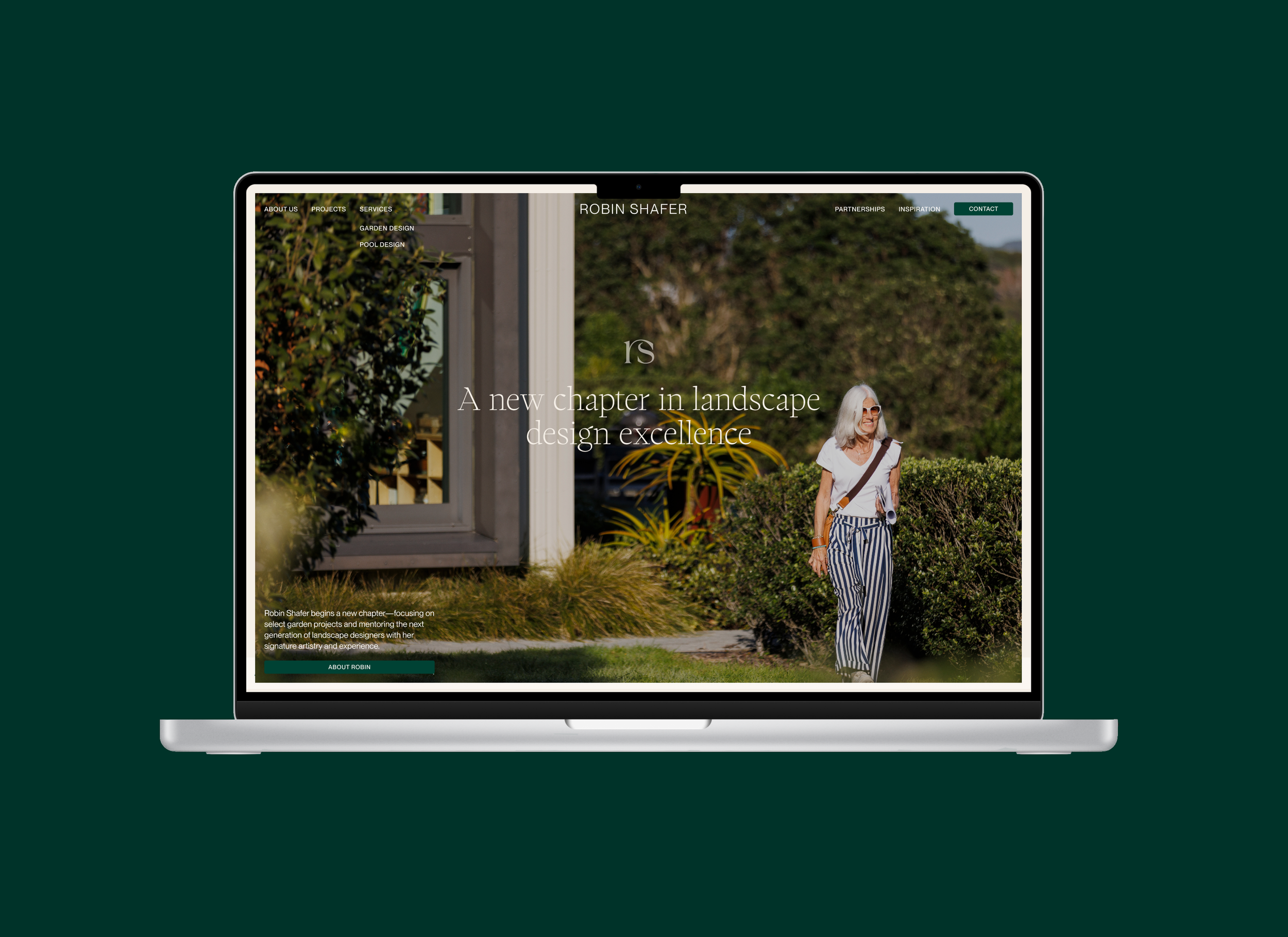 Screenshot of a website homepage for Robin Shafer, focusing on landscape design and garden projects, featuring a woman walking outdoors with a garden and house in the background.
