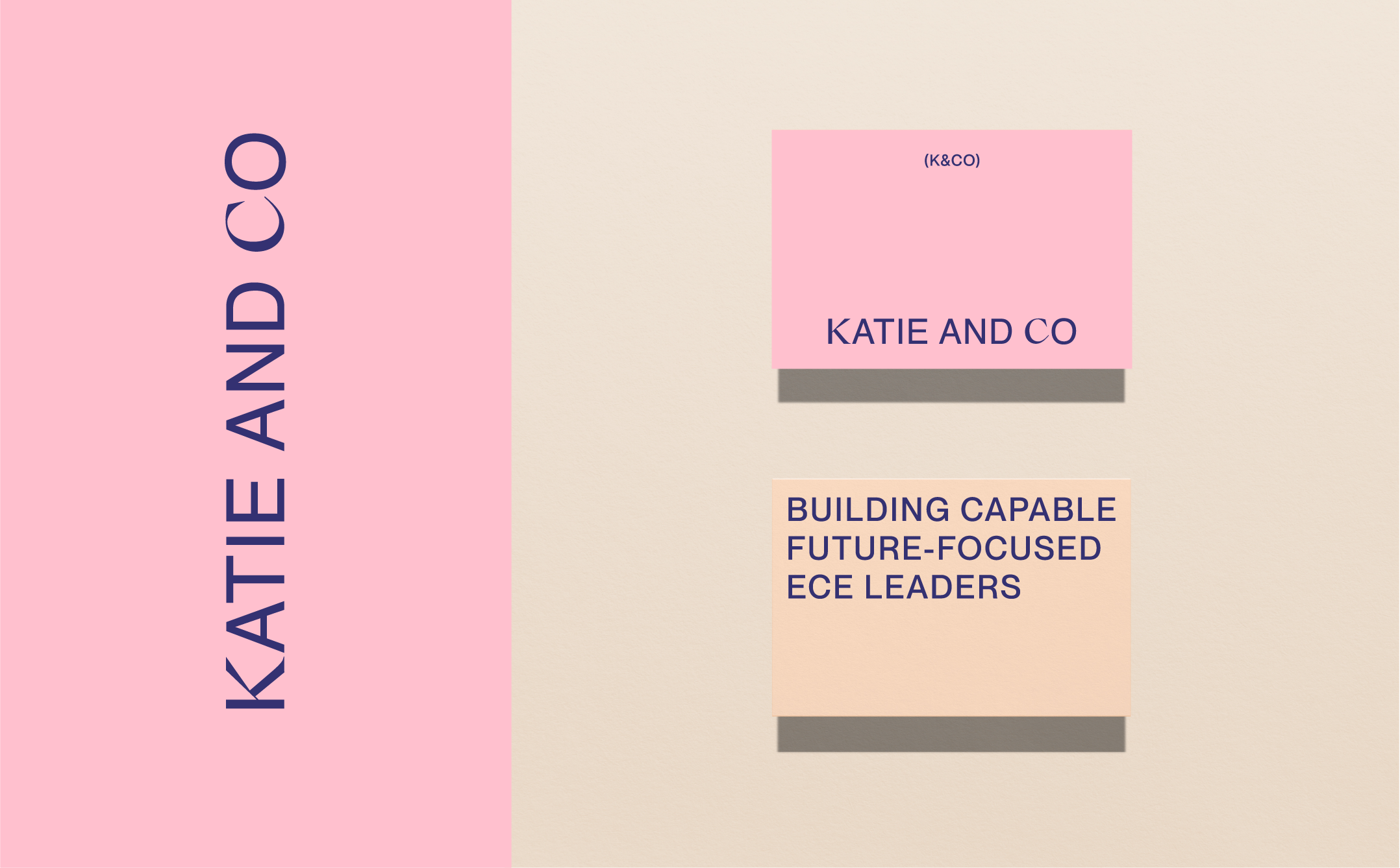 A brand and identity design for ECE industry specialist and business coach "KATIE AND CO" on a pink business card, a large pink vertical banner on the left. Feminine branding with an strong powerful vibe.