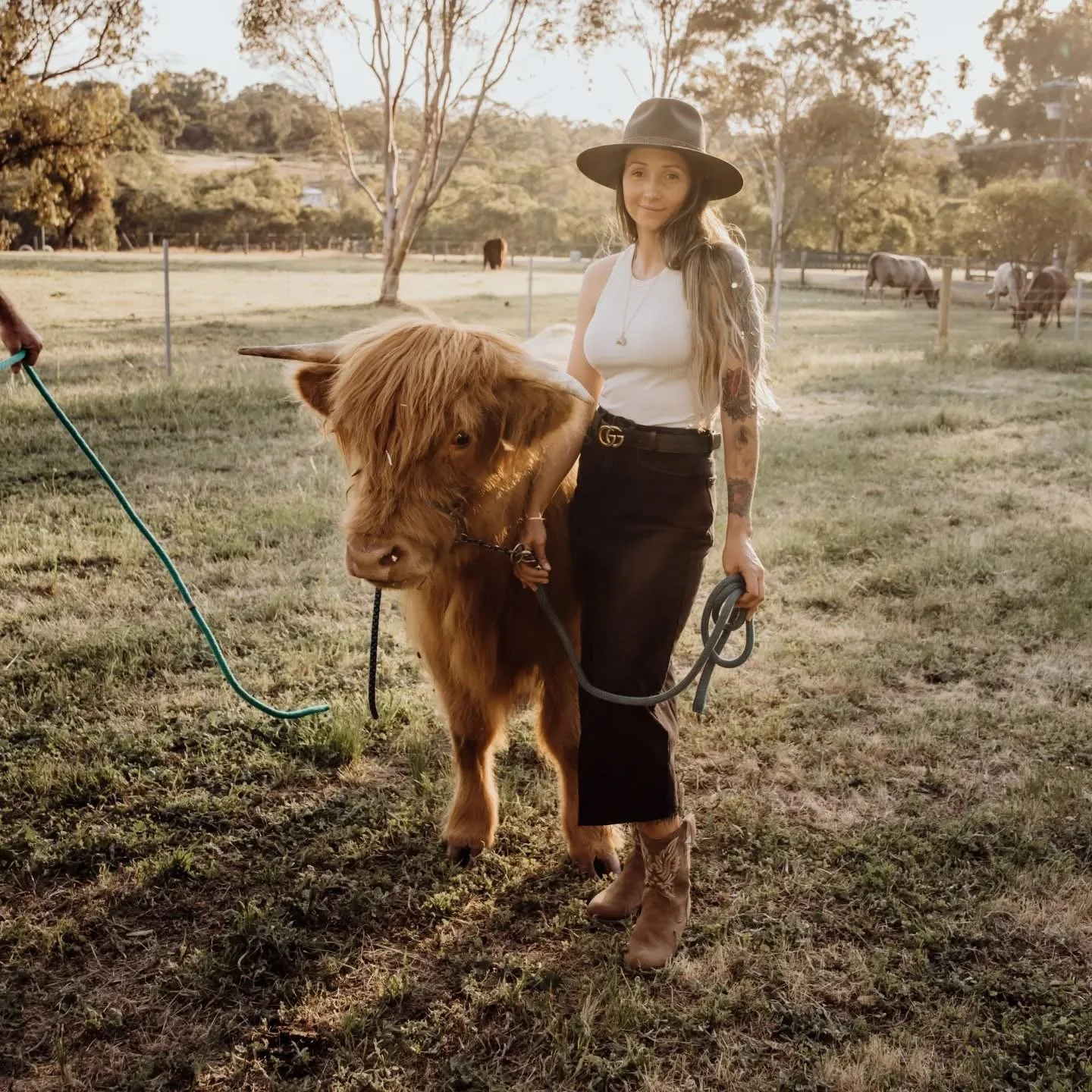 A woman with long hair, wearing a black hat, white sleeveless top, black pants, and cowboy boots, holding a leash attached to a small Highland calf, outdoors in a grassy field with trees and other cows in the background.