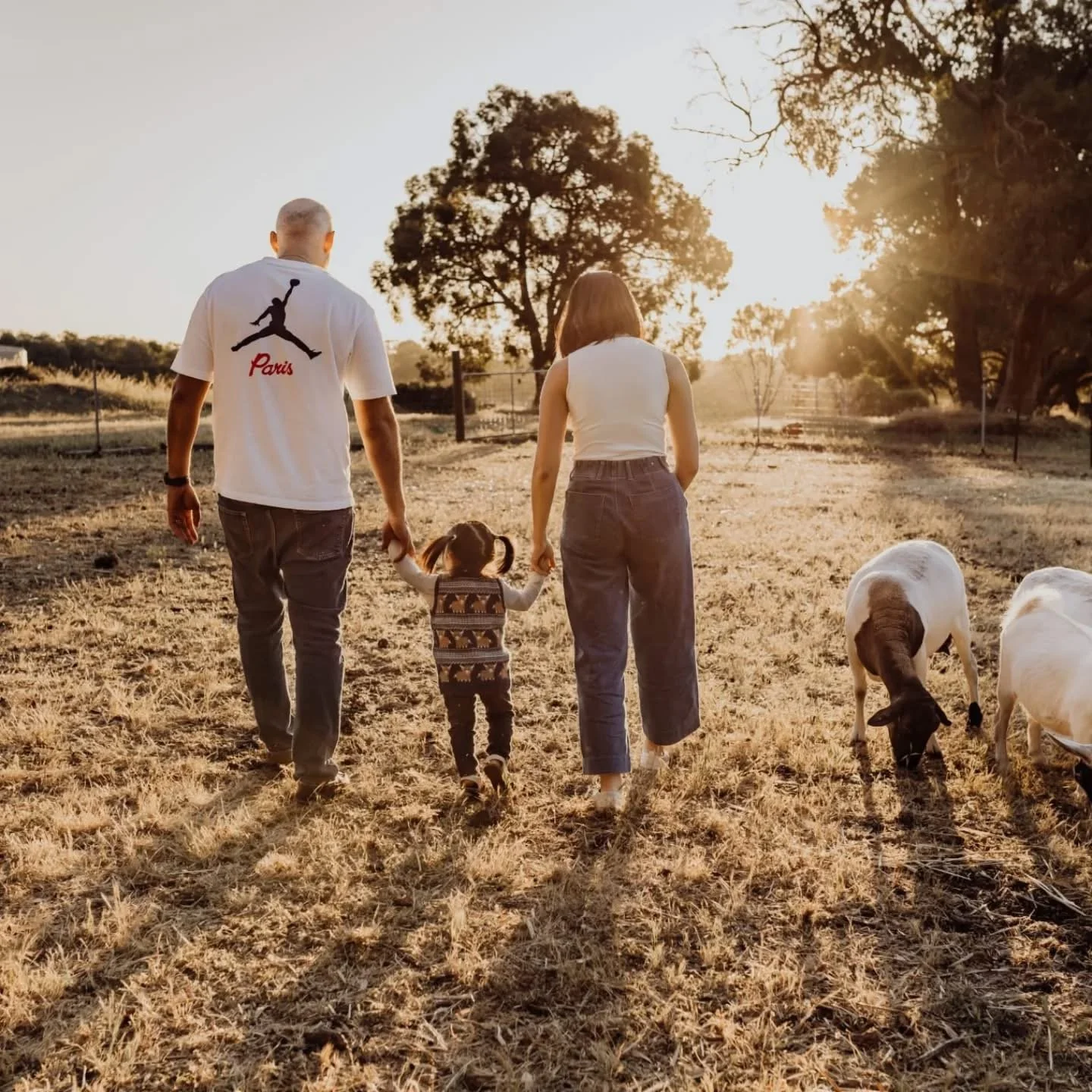 A family walking hand-in-hand with two young children and two goats during sunset in a rural field.