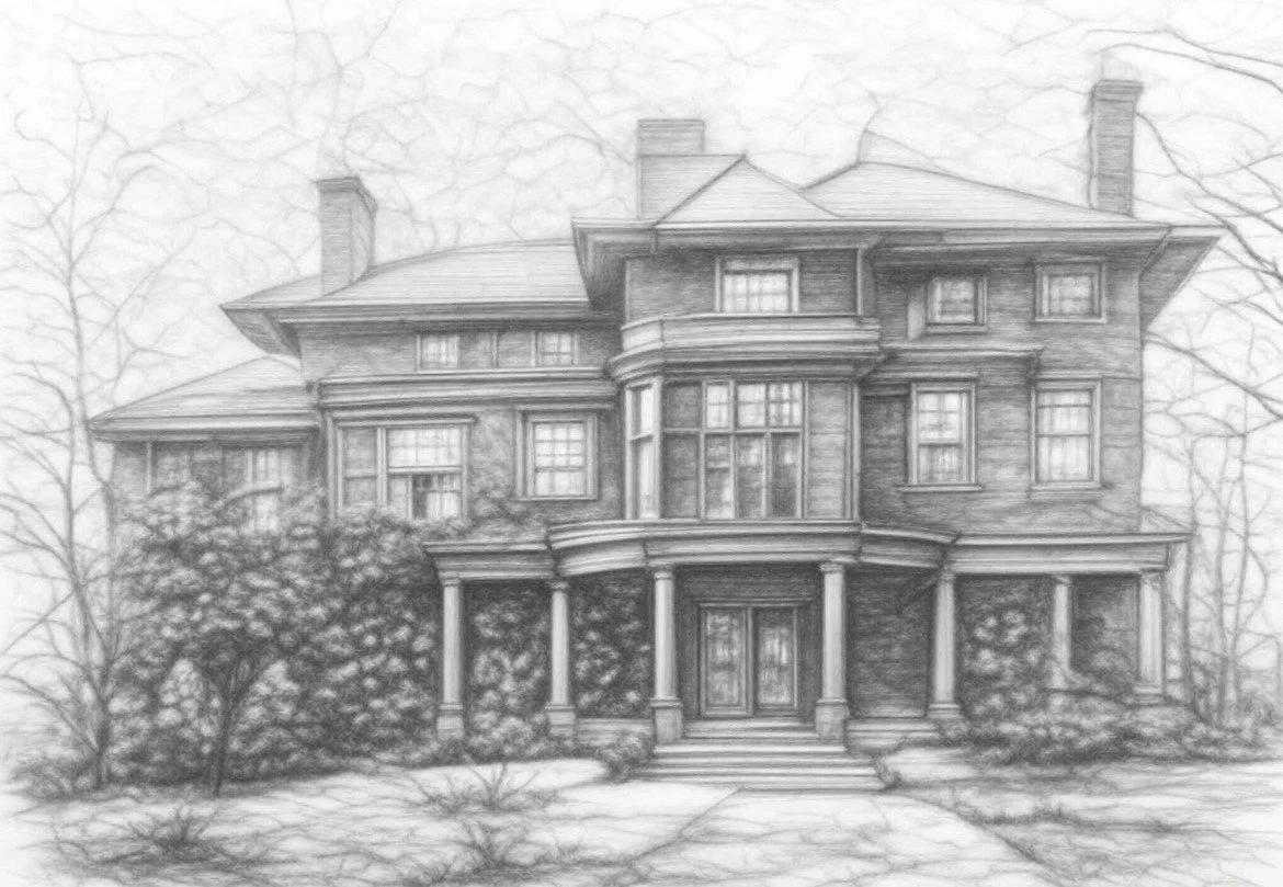 A detailed pencil sketch of a large, three-story mansion with a front porch, multiple windows, and chimneys, surrounded by trees and bushes.