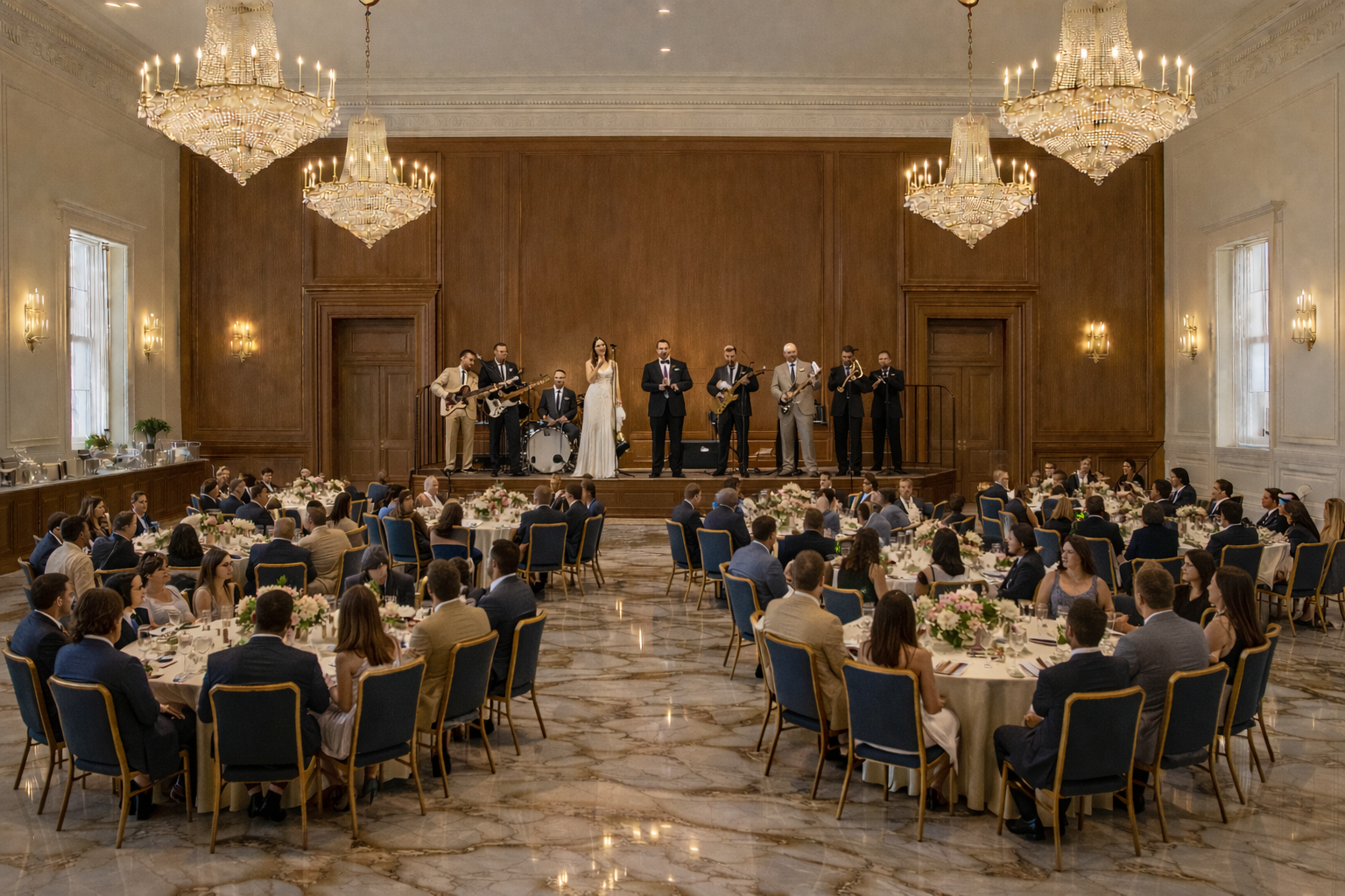 A large banquet hall filled with round tables of guests dining. A band is performing on a stage against a wooden wall, including a drummer, guitarists, a singer, and a saxophonist.