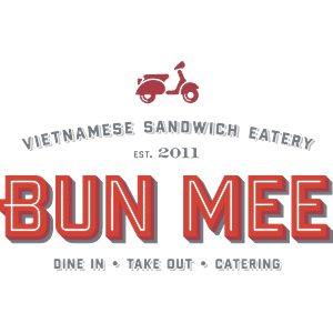 Logo for Bun Mee Vietnamese Sandwich Eatery featuring a pink scooter, restaurant name, and services like dine-in, takeout, and catering.