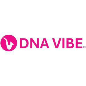 Logo of DNA Vibe with pink circular icon and black text on a black background.