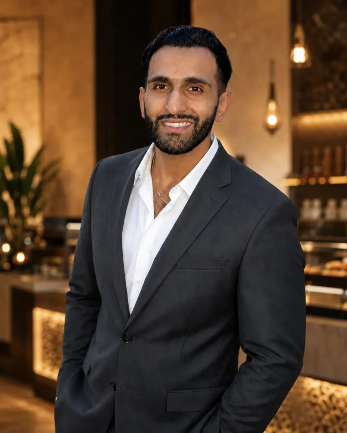 Man in a dark suit and white shirt smiling in a warmly lit indoor setting.