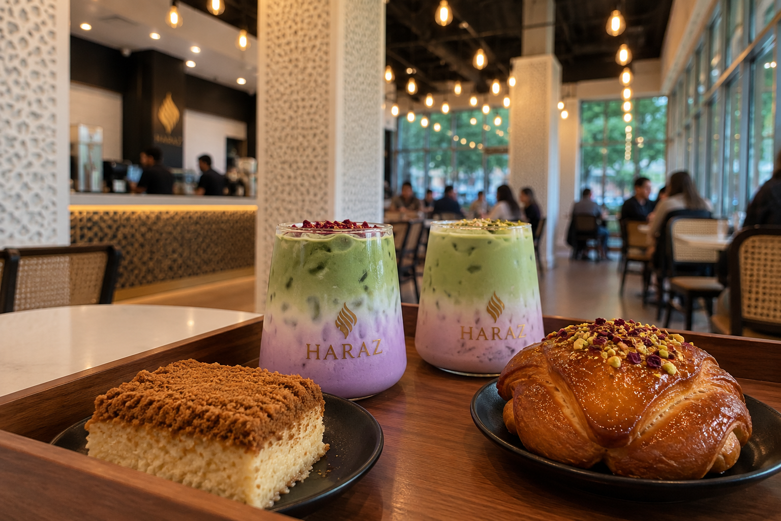 Haraz Cloud Matcha drinks with milk cake and a pastry inside Haraz Coffee House Atlanta