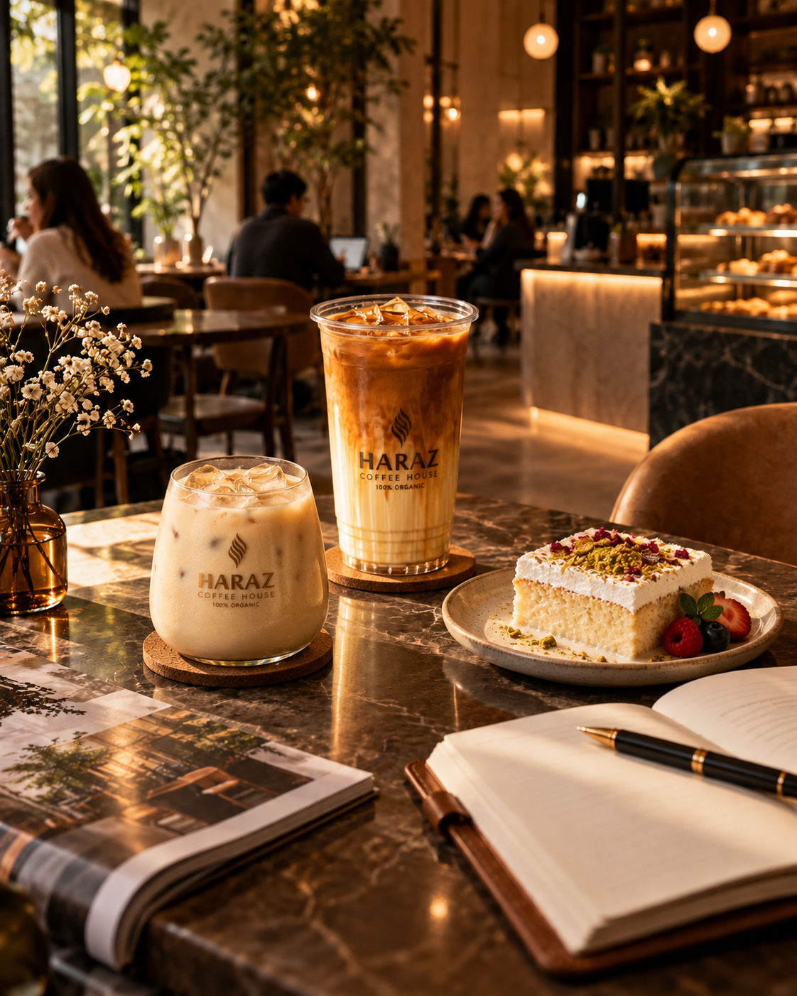 Haraz Coffee House iced coffee drinks, milk cake, and an open journal in a warm cafe setting.