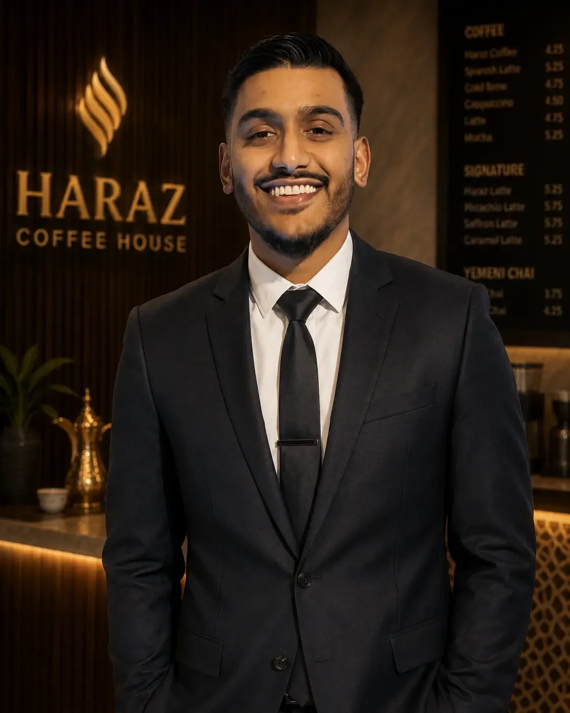 A man in a black suit and tie standing inside a coffee shop named Haraz Coffee House, smiling at the camera.