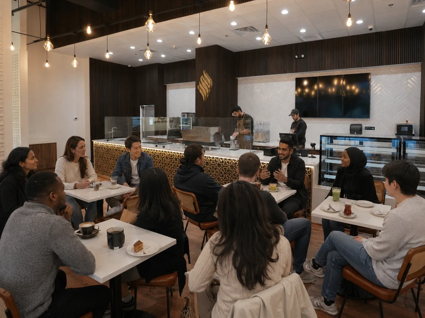 A group of people seated around tables in a modern cafe or restaurant, listening to a person speaking. The background features a counter with coffee makers, display cases, and three staff members working behind the counter.