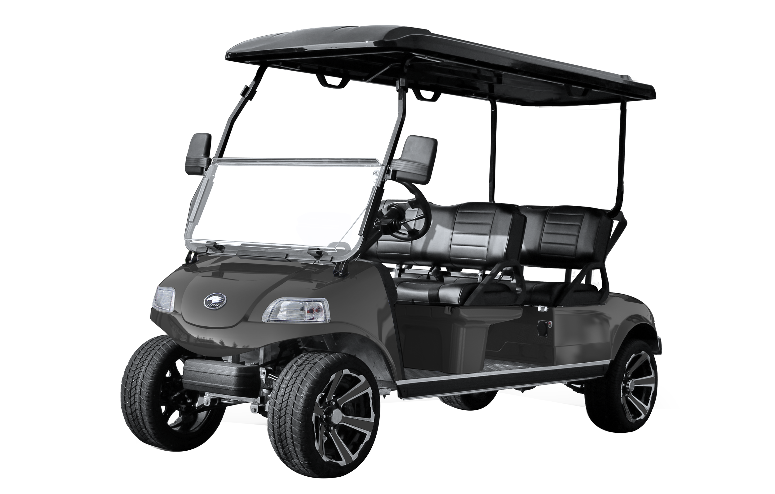 Black golf cart with four seats, a windshield, and a roof