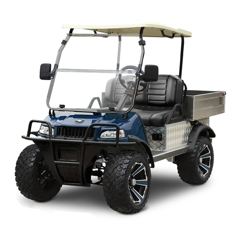 A small electric utility vehicle with a black cushioned seat, protective windshield, and four large off-road tires, designed for use on golf courses or campuses.
