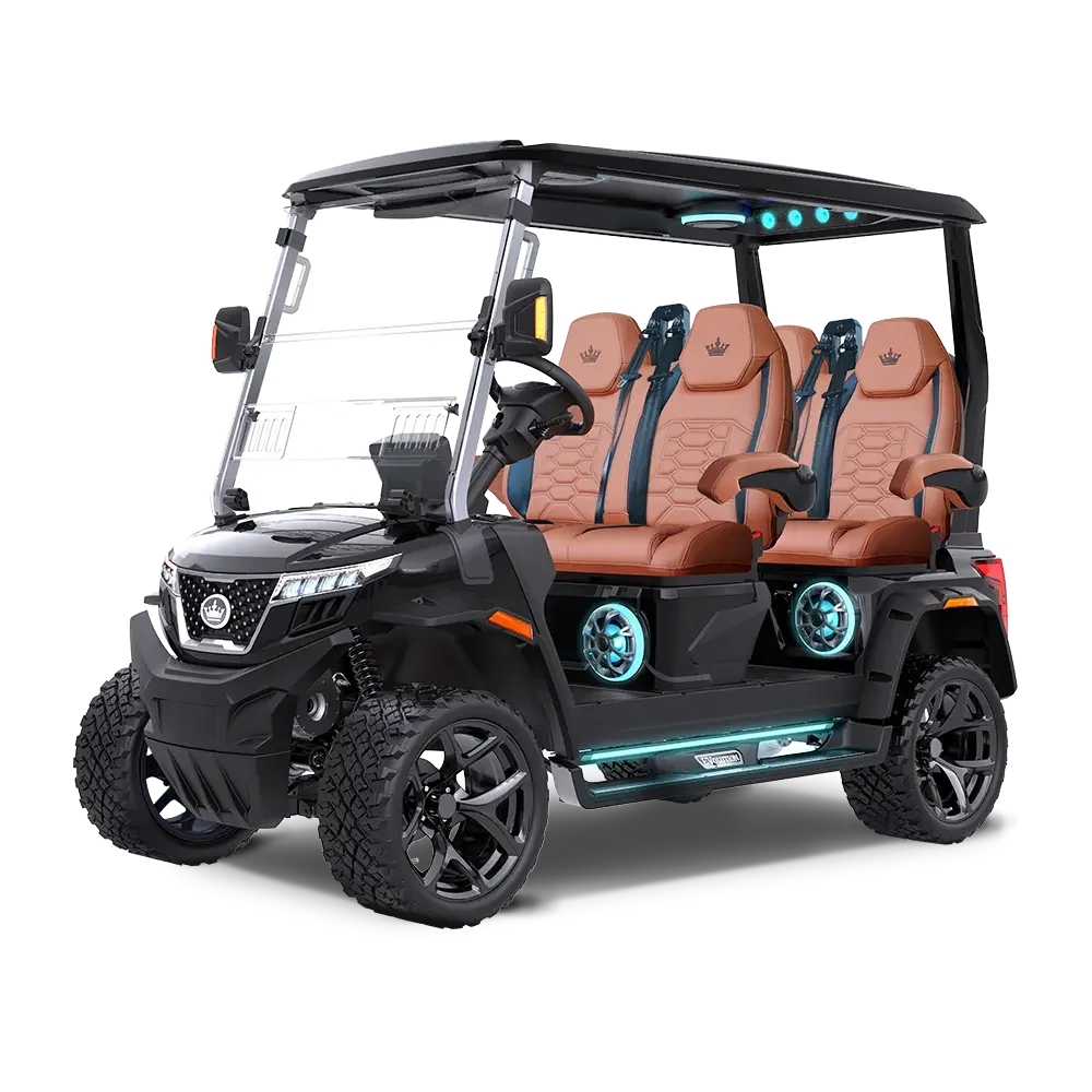 A futuristic electric golf cart with four brown leather seats, illuminated lights, and large off-road tires.