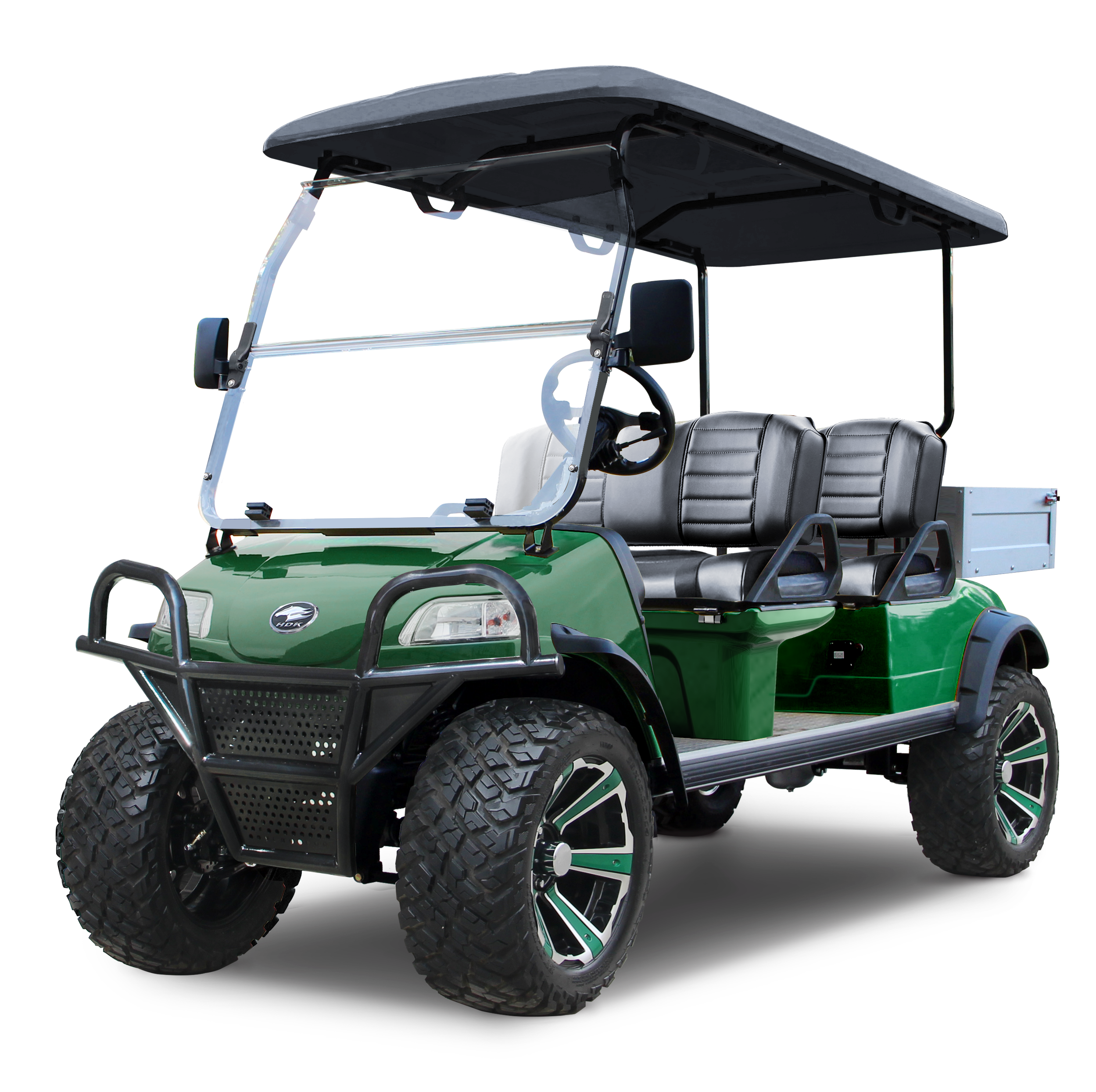 A green golf cart with a black roof and gray seats, featuring large off-road tires.