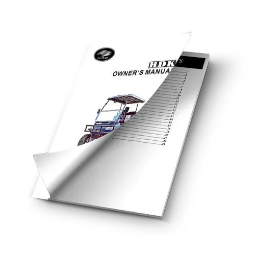 A digital tablet displaying a partially turned page from an owner's manual for a vehicle, showing a picture of a golf cart and a list of instructions or specifications.