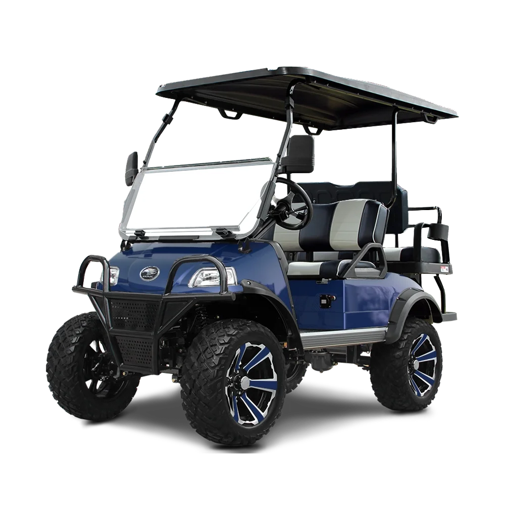 A blue golf cart with four large black tires, two seats, a roof, and a front windshield.