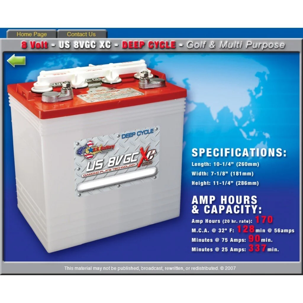 US Batteries 8 volt 170AH (set of 6) Pricing: POA