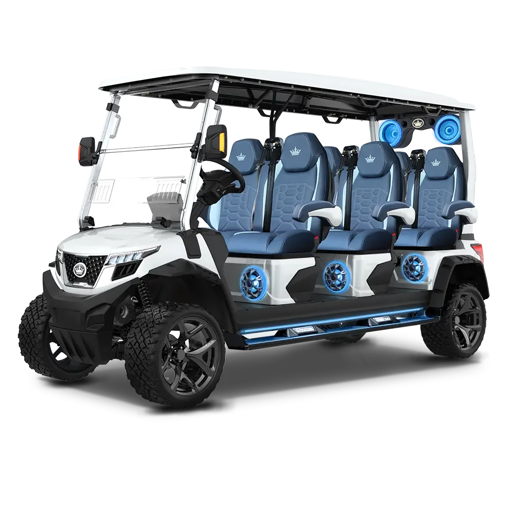 Electric golf cart with four blue seats, built-in speakers, and large off-road tires.