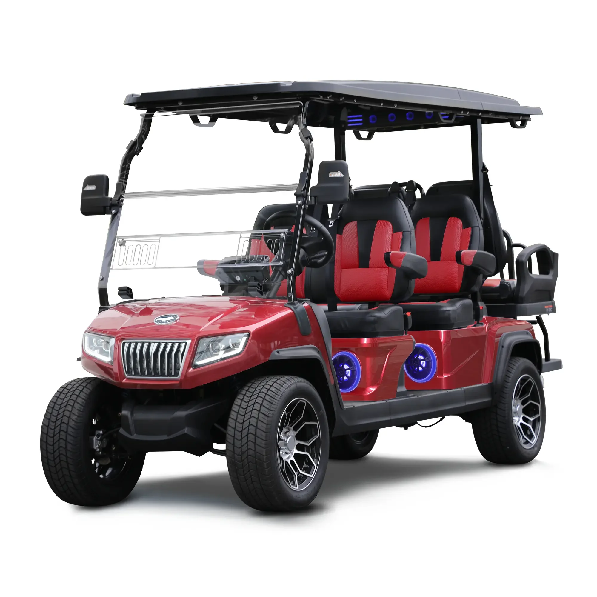 A red golf cart with black seats and a roof, featuring blue accents on the wheels and other parts.