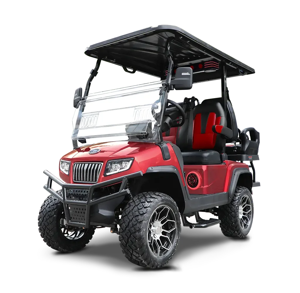 A red and black electric golf cart with large off-road tires and a transparent windshield.
