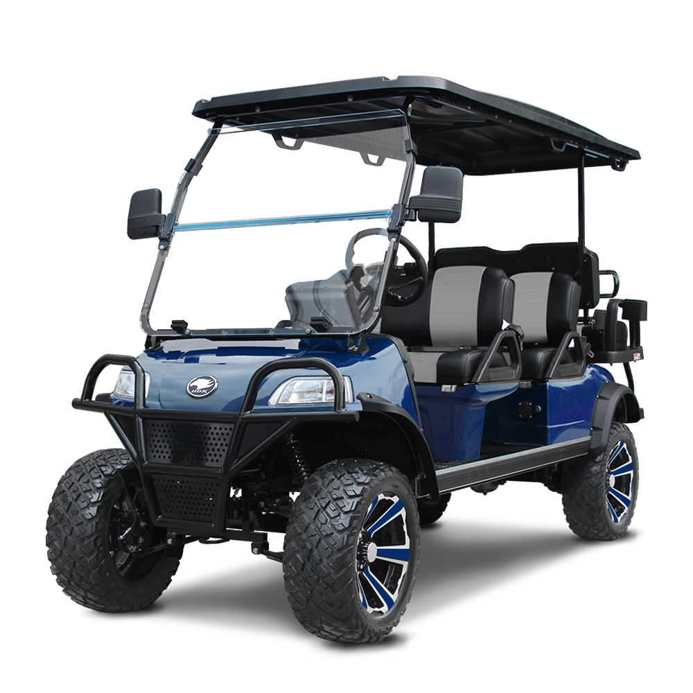 A blue and black electric golf cart with four seating capacity, large rugged tires, a transparent windshield, and a roof.