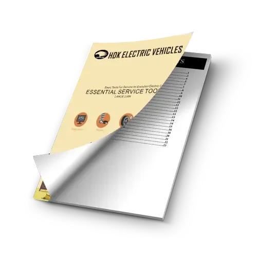 A digital tablet displaying a notepad with a brochure titled 'HDK Electric Vehicles' partially opened on top of it, showing a list of items.
