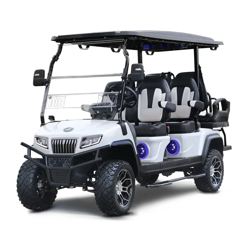 White electric golf cart with black accents, featuring four seats with black and white upholstery, tinted windshield, and built-in speakers with blue lights at the side.