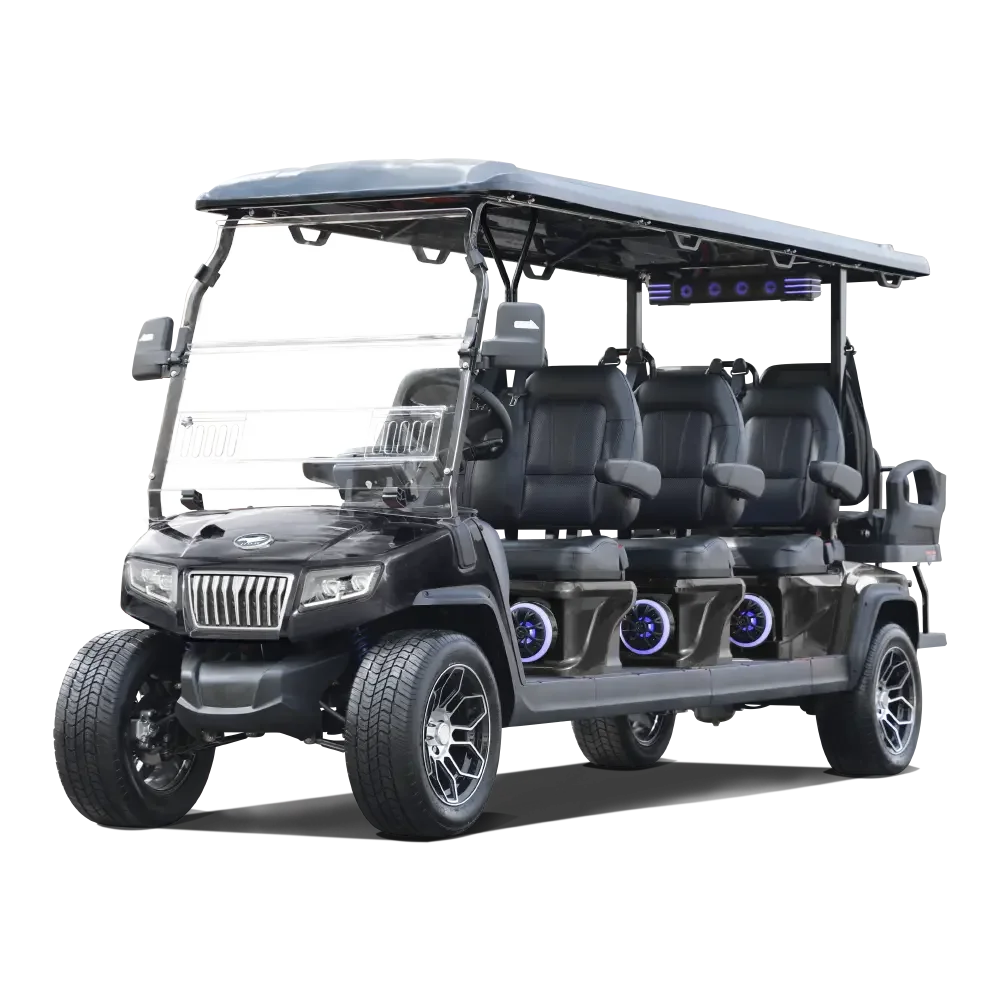 A black electric golf cart with four rows of seats, a clear windshield, and a roof, featuring blue LED lighting inside.
