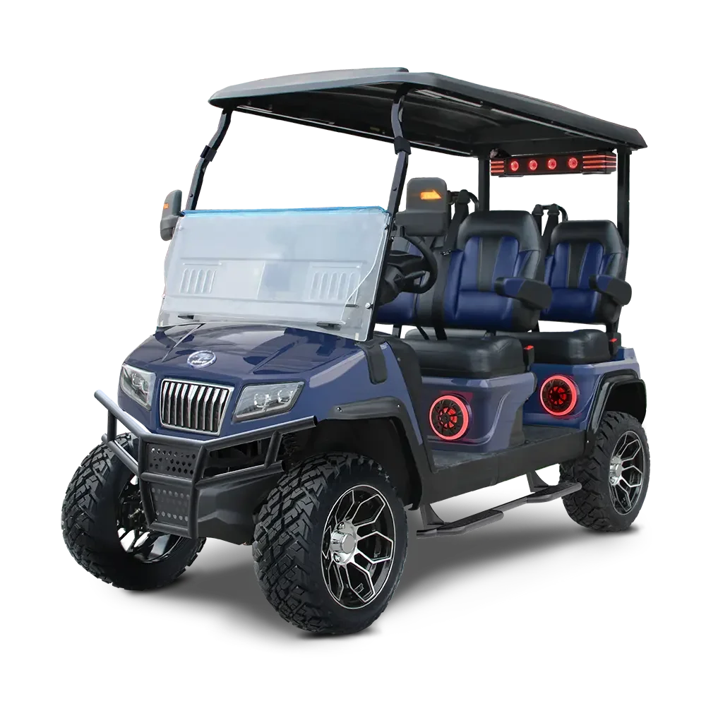 An electric golf cart with four seats, large off-road tires, a black roof, speakers, and red LED lights.