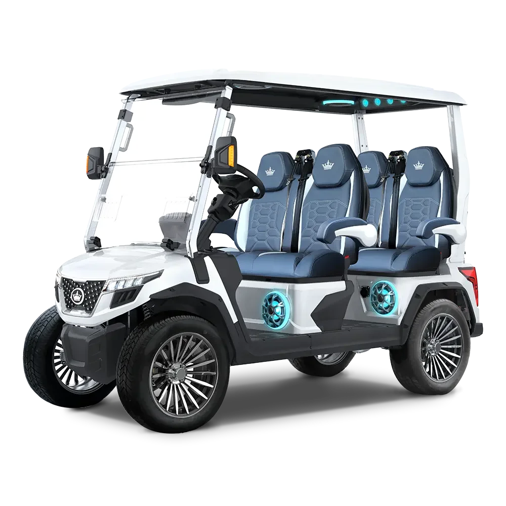 A modern, luxury electric golf cart with four passenger seats and blue accents.