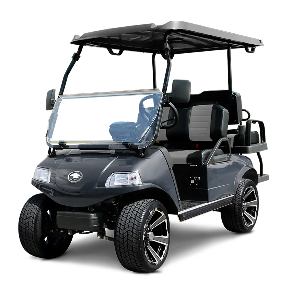 A black golf cart with a canopy and tinted windshield, sitting on four large tires.