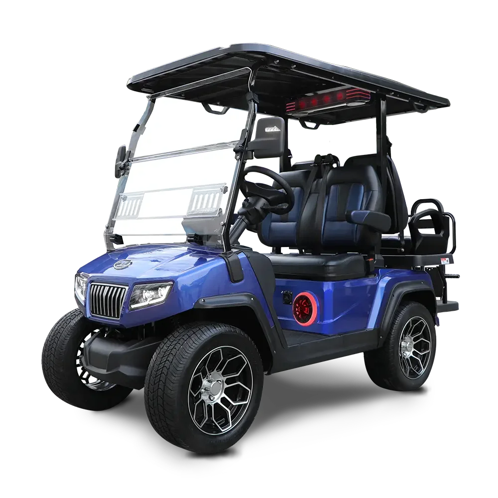 A blue golf cart with black seats and a sunroof.