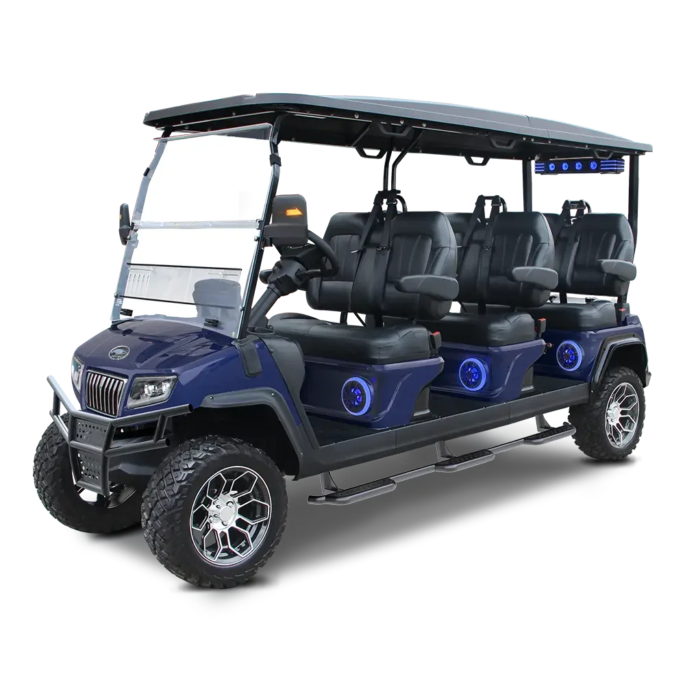 Electric golf cart with four rows of black seats, blue accents, large tires, and a black canopy on an outdoor background.