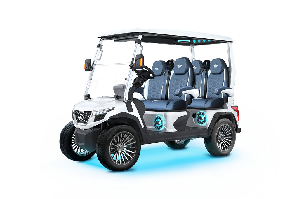 A white electric golf cart with four blue seats, a roof, and large black wheels, featuring blue accent lighting and speaker systems.