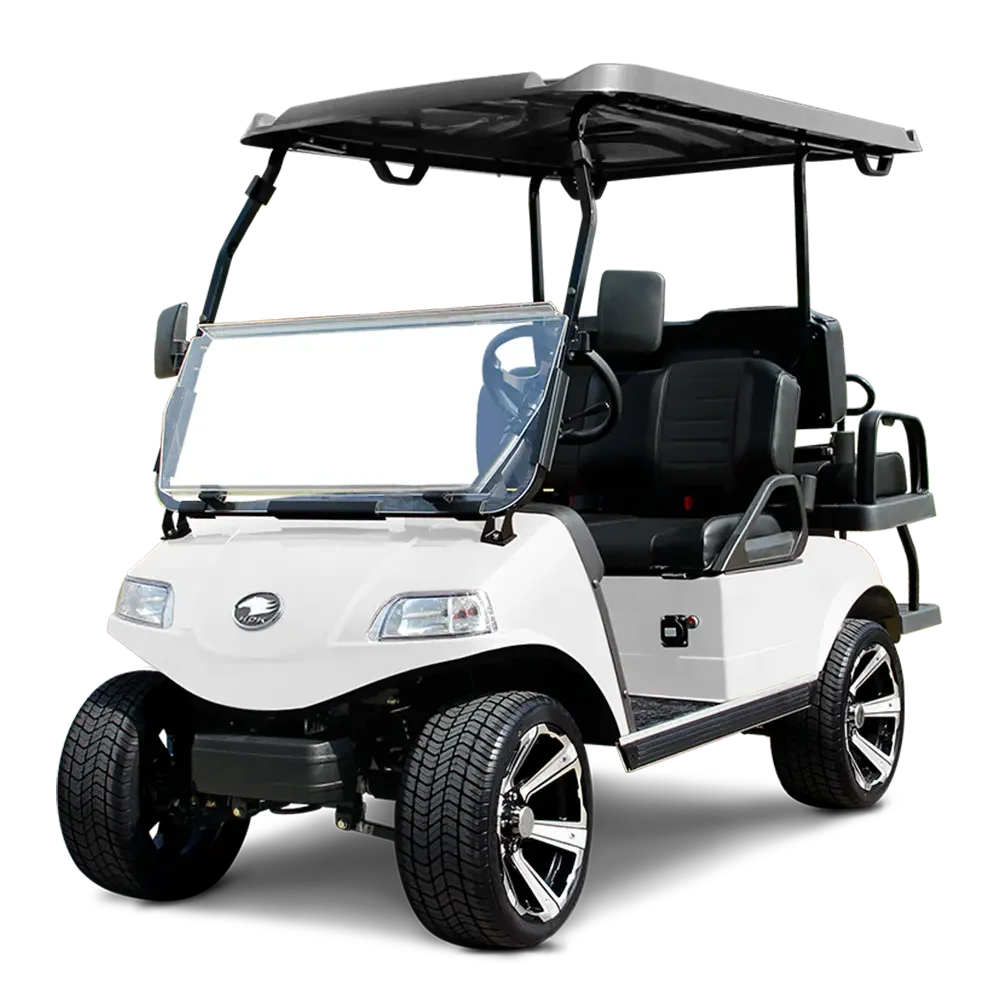 White golf cart with black roof and clear windshield, positioned in a three-quarter front view.