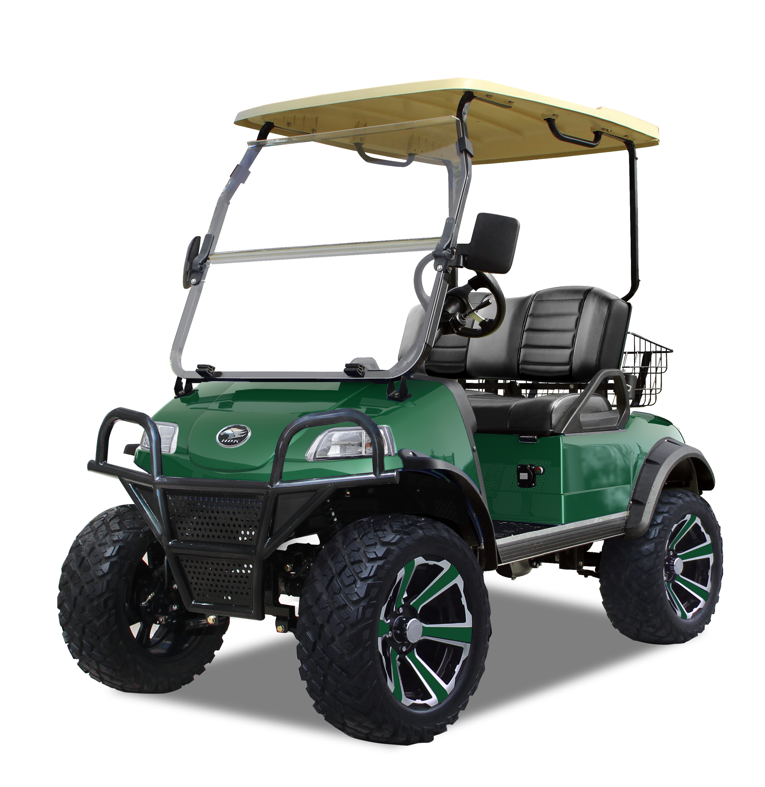 Green golf cart with black roof and seating, featuring large rugged tires and a rear basket, isolated on a white background.
