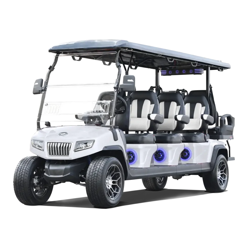 A white electric golf cart with three rows of black and white seats, a tinted windshield, purple speakers underneath, and a black roof.